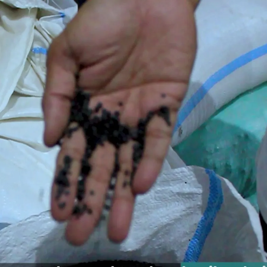 Tangan memegang biji plastik hasil daur ulang plastik kantong uang